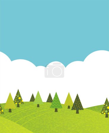 Vector Seamless Hilly Spring Forest Background Illustration With Text Space. Horizontally Repeatable.