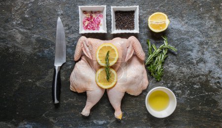 Foto de Coloque la foto plana de los cortes selectivos de carne de pollo que se muestran para que se vea apetitoso y listo para cocinar. - Imagen libre de derechos
