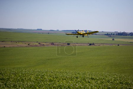 Photo for Close up image of crop duster airplane spraying grain crops on a field on a farm - Royalty Free Image