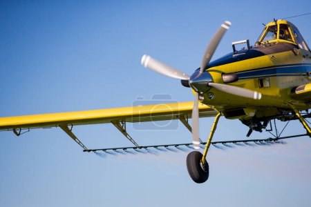 Photo for Close up image of crop duster airplane spraying grain crops on a field on a farm - Royalty Free Image