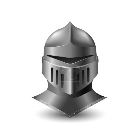 Illustration for Knight realistic iron helmet. Medieval steel military head protection with visor against arrows and vector swords - Royalty Free Image
