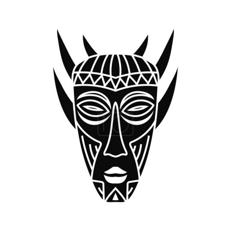 Illustration for Ritual ethnic mask of demon with horns. Black totem head of ancient aboriginal deities for religious rituals with ornament of protection from evil forces and ceremonial vector dances - Royalty Free Image