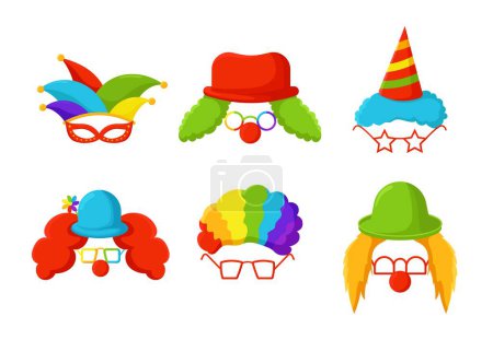 Illustration for Colorful clown masks set template. Humor festive accessory with green wig and red nose with glasses for humorous vector parties - Royalty Free Image