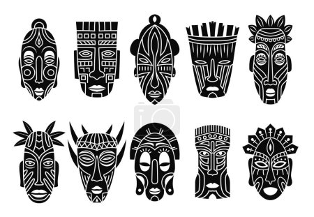 Illustration for Ritual religious totem masks set. Black head of ancient aboriginal deities for rituals with ornament of protection from evil forces and ceremonial vector dances - Royalty Free Image