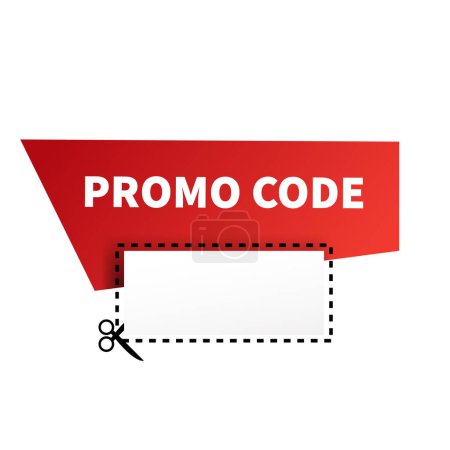 Ilustración de Scissors cut out red voucher promo code. Shopper coupon for business discount and retail for price and marketing vector offers - Imagen libre de derechos