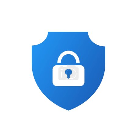 Illustration for Blue shield lock icon. Blocking unwanted websites and protection against viruses and hacking with mandatory user check and vector firewall - Royalty Free Image