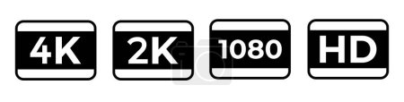Illustration for Hd full hd and 2k and 4k black simple video quality icons - Royalty Free Image
