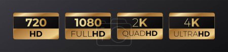 Illustration for Hd full hd and 2k and 4k gold video quality icons - Royalty Free Image
