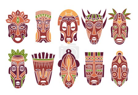 Illustration for Colored ritual totem masks set. Totem head of ancient aboriginal deities for rituals with ornament of protection from evil forces and ceremonial vector dances - Royalty Free Image