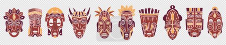 Illustration for African ritual totem masks set. Voodoo head of ancient aboriginal deities for rituals with ornament of protection from evil forces and ceremonial vector dances - Royalty Free Image