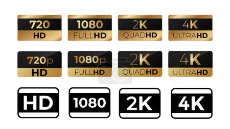 Illustration for Sticker video format resolution. Low and high quality image ultra gold technology for cinemas and home vector use - Royalty Free Image