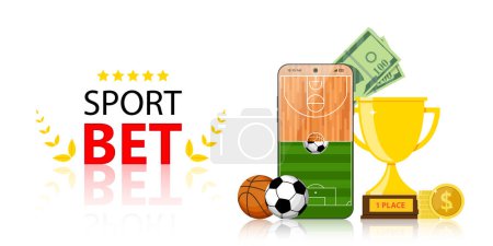 Photo for Online sports betting mobile app banner design template soccer basketball balls and trophy award cup and winner dollar coins. Bookmaker promo advertising - Royalty Free Image