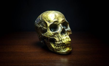 Foto de Cráneo humano vista oro tabla de madera fondo oscuro - Imagen libre de derechos
