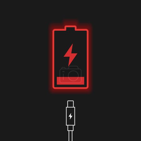 Ilustración de Low battery icon charging cable icon black background - Imagen libre de derechos