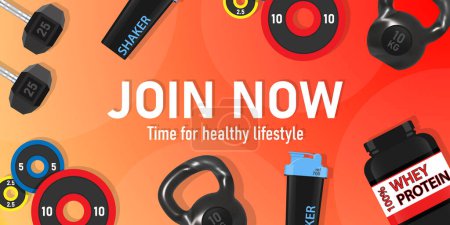 Illustration for Fitness club ads Join now Protein shaker dumbbell vector illustration - Royalty Free Image