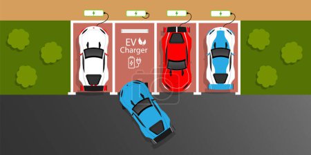 Coches eléctricos en las estaciones de carga EV concepto de aparcamiento público Vector ilustración