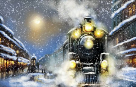 Téléchargez les photos : Vieille locomotive à vapeur arrive à la gare dans la vieille ville, ville de nuit, lune. Train de Noël, soirée d'hiver dans la vieille ville, temps neigeux, vue sur la ville. Aquarelle numérique peintures. - en image libre de droit