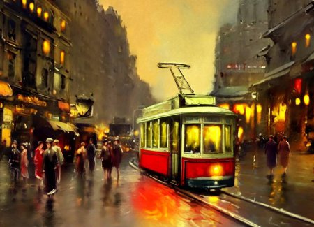 Téléchargez les photos : Vieux tramway de la ville. Vue de nuit sur la ville. Peintures à l'huile paysage, vue de nuit de la ville de la ville. Oeuvres d'art, beaux-arts, personnes marchant dans la rue la nuit - en image libre de droit