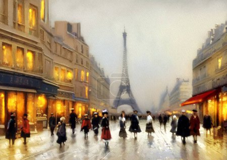 Obraz olejny krajobraz, widok nocny na miasto. Sztuka, sztuka, ludzie chodzący ulicą, stary Paryż