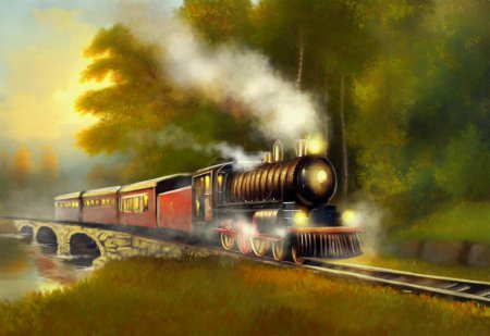 Foto de Tren de vapor en el ferrocarril. Una hermosa imagen con una vieja locomotora de vapor conduciendo a lo largo de un puente de piedra sobre un río en un bosque verde. Pinturas al óleo paisaje, bellas artes - Imagen libre de derechos