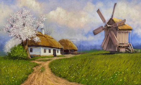 Oil paintings rural landscape, old village. Spring in the village, windmill in the country. Fine art, artwork