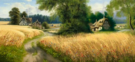 Beautiful panoramic rural landscape, a road among a wheat field with flowers, an old village against the backdrop of a forest, a summer landscape. Fine art, artwork, landscape with grass and trees