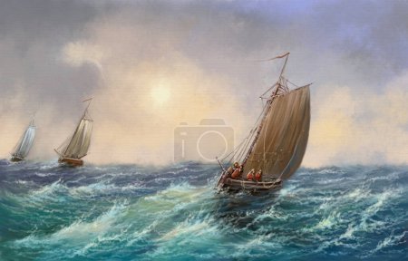 Foto de Classic seascape with fishing ships and boats, vintage style painting. Fine art, sailing boat in the sea - Imagen libre de derechos
