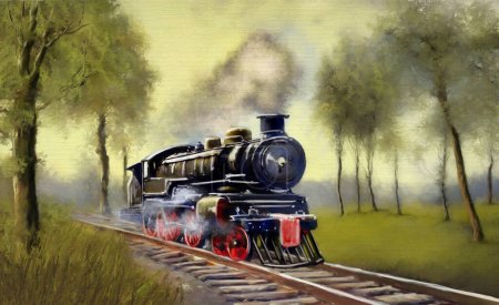 Téléchargez les photos : Oil paintings landscape, fine art, old steam locomotive, steam train in the forest - en image libre de droit