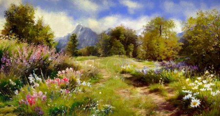 Photo for Digital oil paintings landscape, spring in the mountains. Fine art, artwork - Royalty Free Image