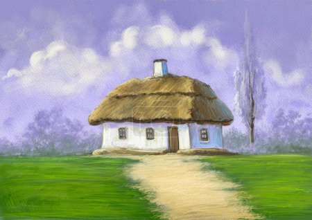 Foto de Old house in the countryside, oil paintings rural landscape, artwork - Imagen libre de derechos