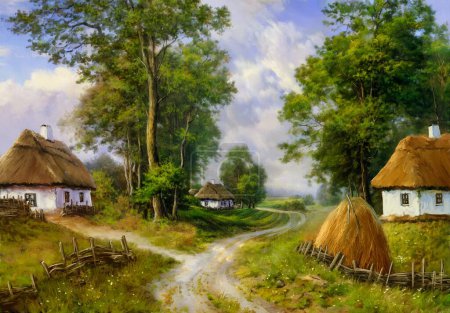Téléchargez les photos : Peintures à l'huile paysage rural, vieilles maisons dans la forêt. Beaux-arts, œuvres d'art - en image libre de droit