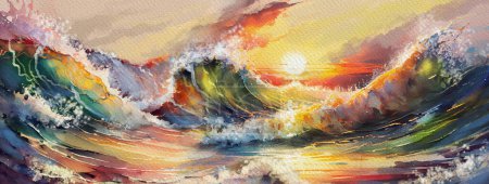Beautiful sunset over the ocean. Watercolor painting on canvas, sea landscape, artwork