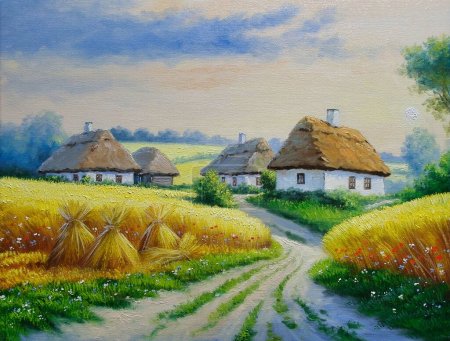 Ölgemälde ländliche Landschaft, goldenes Weizenfeld, bildende Kunst. Kunstwerk, Weizen auf dem Feld, Landschaft mit einem Haus im Hintergrund