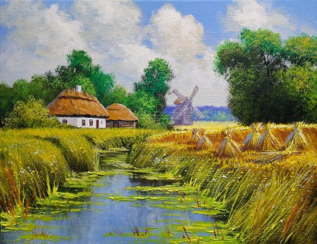 Photo for Old village in Ukraine, traditional ukrainian rural house, windmill in the countryside. Digital oil paintings rural landscape, fine art, artwork, landscape with river and trees - Royalty Free Image