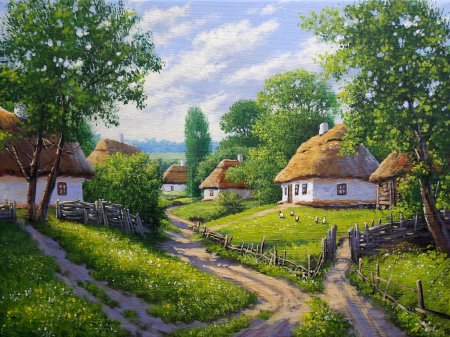 Pinturas al óleo paisaje rural, antiguas chozas, antigua casa en el pueblo, paisaje rural en el pueblo. Obras de arte, bellas artes, casa ucraniana