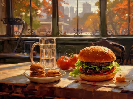 Téléchargez les photos : Peintures à l'huile nature morte, petit déjeuner sur la terrasse. Hamburger et café, ville en arrière-plan, mélange de techniques de couteau de palette impressionnisme. Beaux-arts, œuvres d'art - en image libre de droit
