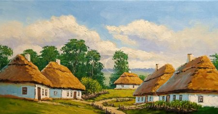 Photo for Beautiful rural landscape, old Ukrainian houses surrounded by a blooming garden of flowers, a wooden fence and thatched roofs, traditional house in the old village - Royalty Free Image