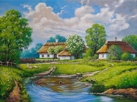 Foto de Paisaje, pintura al óleo sobre lienzo. Ucrania, casa en el bosque y el río, paisaje con un estanque y árboles - Imagen libre de derechos
