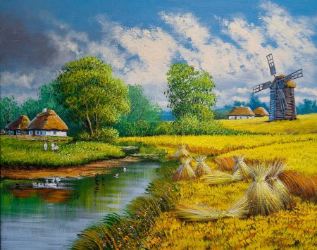 Photo for Oil paintings rural landscape in the village. Old village, summer landscape, old huts. Fine art, artwork - Royalty Free Image