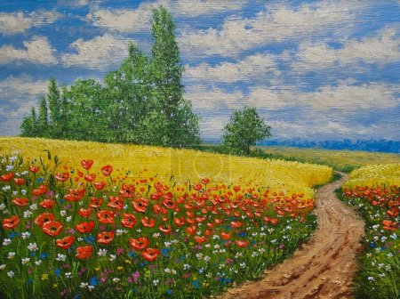 Téléchargez les photos : Peintures à l'huile paysage rural, champ de coquelicots et de fleurs - en image libre de droit