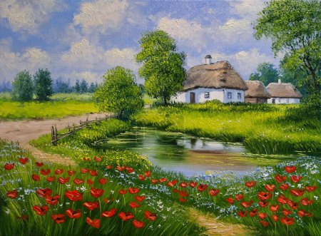 Téléchargez les photos : Paysage, peinture à l'huile sur toile. Ukraine, maison dans la forêt et la rivière, paysage avec un étang et des arbres - en image libre de droit