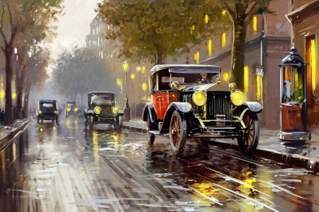 Téléchargez les photos : Illustration fantastique de la vieille ville avec de vieilles voitures dans la rue, rue du soir avec des lumières dans les fenêtres et les vitrines. Beaux-arts, art, vieille voiture dans la rue - en image libre de droit