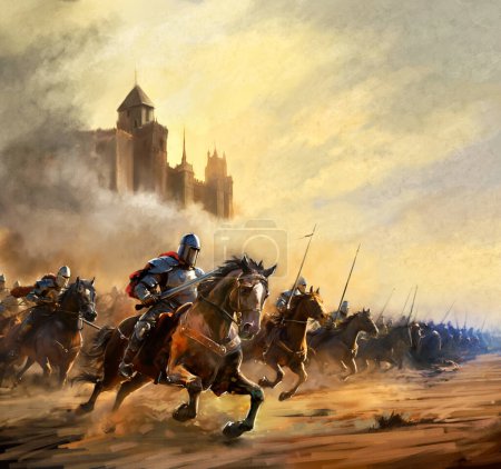 Fantasy battle of knights in armor, knights on horseback attack the enemy, castle in the background, dynamic plot, vertical composition with space for text, illustration and book cover