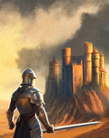 Fantasy illustration of a knight with a sword on the background of the castle, paintings desert landscape, fine art, artwork