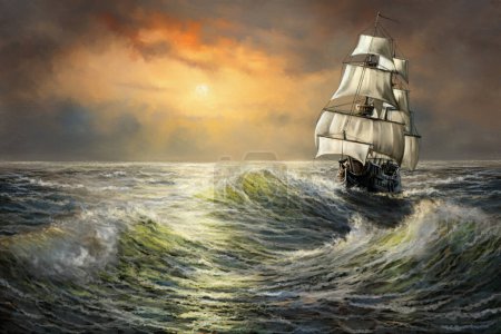 Téléchargez les photos : Peintures à l'huile paysage marin, voilier vieux navire dans la mer, beaux-arts, œuvres d'art peinture à l'huile. - en image libre de droit