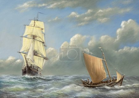 Oil painting sailing ship and fishing boat at sea. Seascape, artwork, fine art