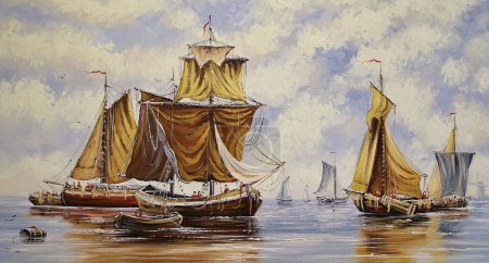 Téléchargez les photos : Peintures à l'huile paysage marin, vieux voilier dans le port, pêcheurs - en image libre de droit