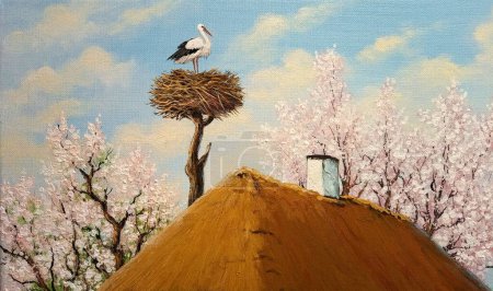 Oil paintings rustic landscape, fine art, artwork, stork on the nest