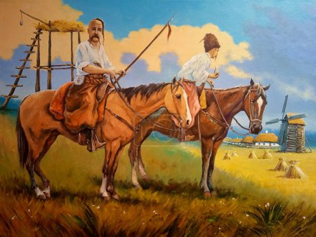 Oil paintings landscape, fine art, artwork. Ukrainian Cossack stands by harnessed horses, border checkpoint