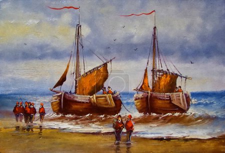 Oil paintings sea landscape, fishing boats on the beach, old boat on the sea